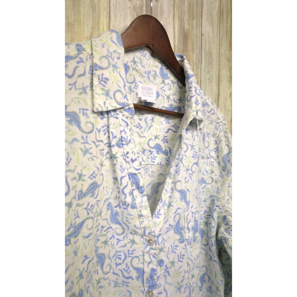 Sigrid Olsen 100% Linen Tunic Button Up Shirt Sea Horse Nautical Starfish Large - Picture 2 of 13